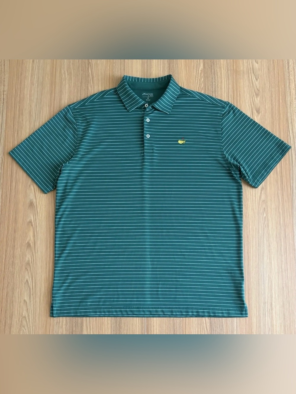 Masters Tech Golf Polo Shirt Mens XL Green Striped Tournament Logo Short Sleeve